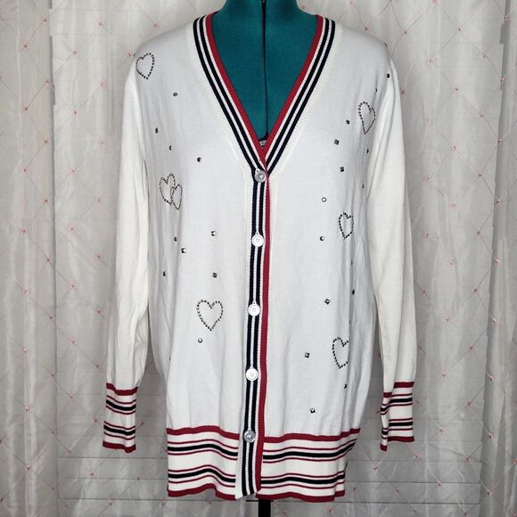 DG2 Diane Gilman Ivory Soft‎ Ease Embellished V Neck Boyfriend Cardigan XL NWT - Picture 1 of 8